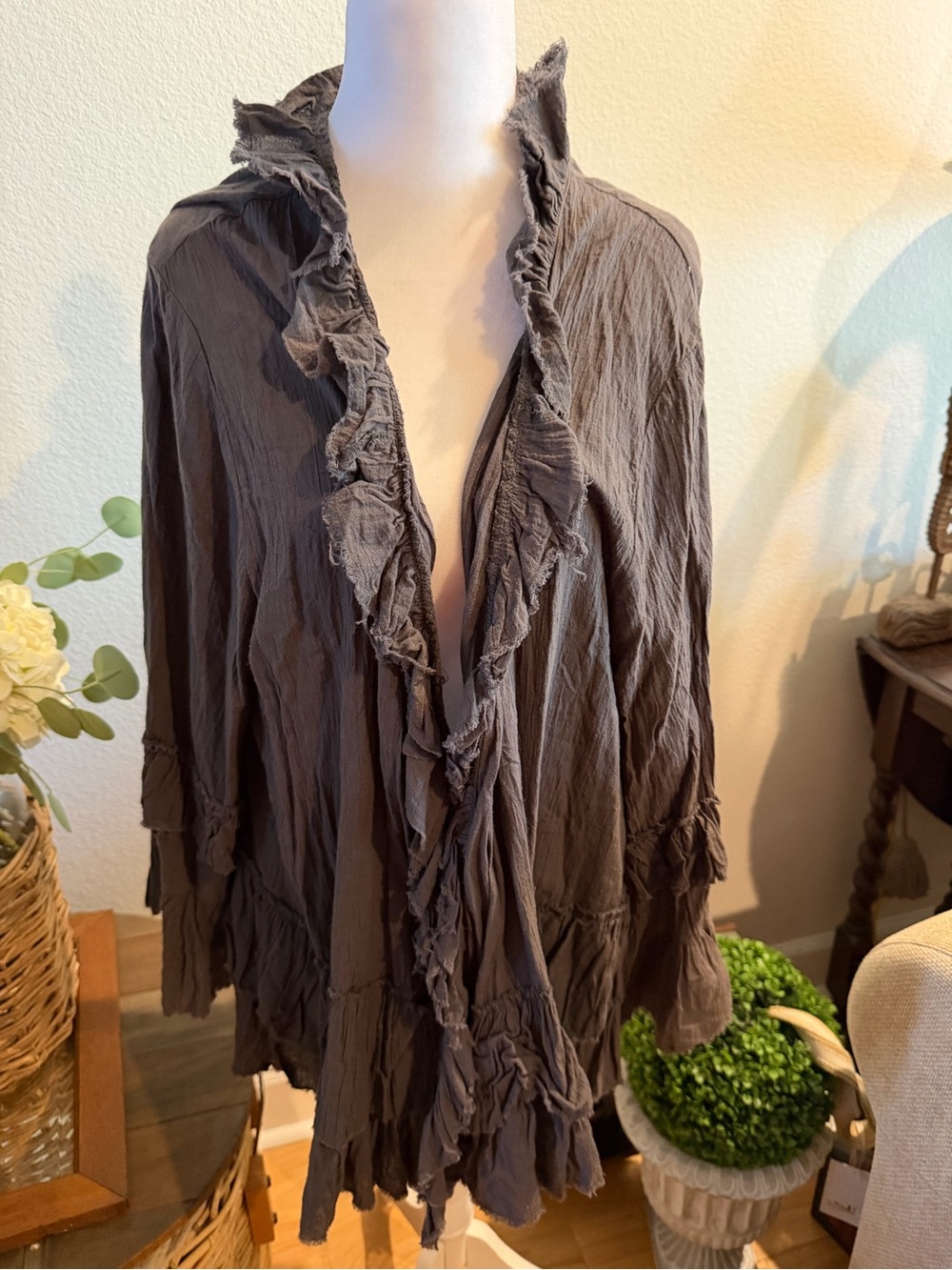 Jaded Gypsy Ruffled Open Front Boho Cardigan - Charcoal Gray